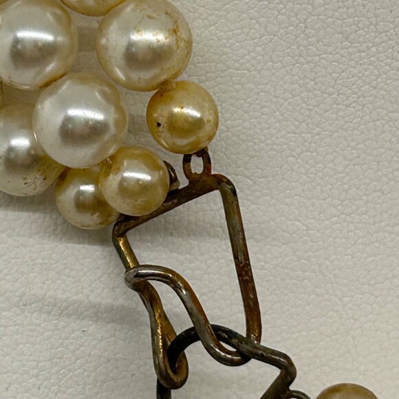 Vintage Faux Pearl & Rose Quartz Triple-Strand Necklace With Rhinestone Accents - Picture 9 of 16